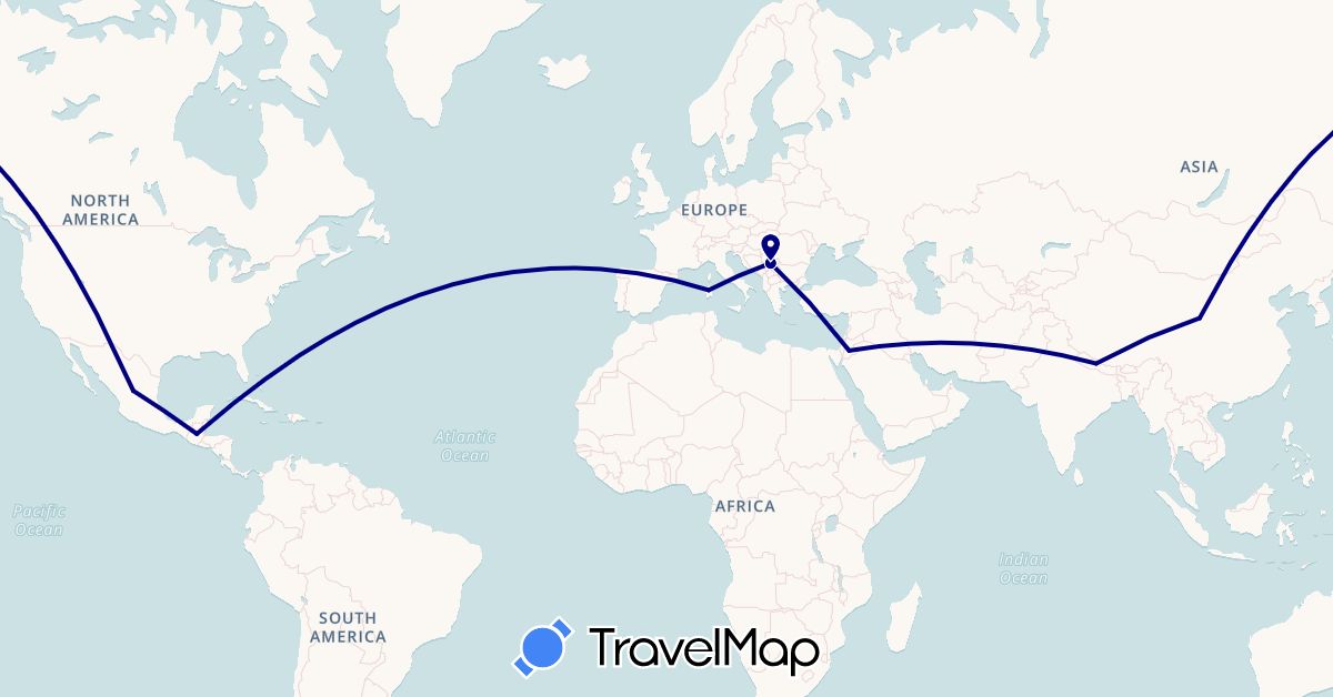 TravelMap itinerary: driving in China, Guatemala, Italy, Jordan, Mexico, Nepal, Serbia (Asia, Europe, North America)